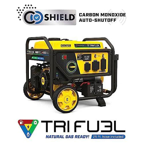 Tri Fuel 5000 Watt Electric Start Portable Generator RV Ready With CO Shield runs on gas propane or natural gas includes hoses