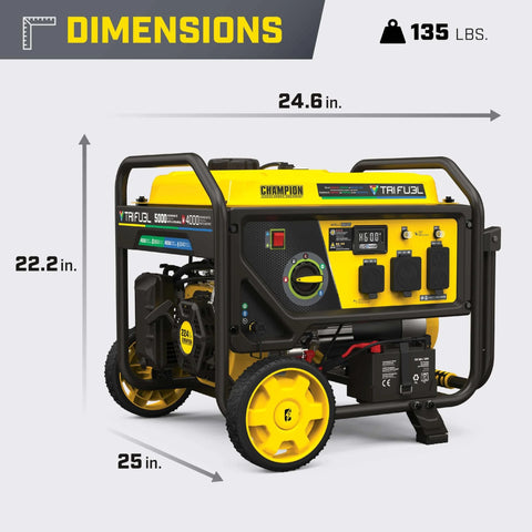 Tri Fuel 5000 Watt Electric Start Portable Generator RV Ready With CO Shield front view with dimensions and weight