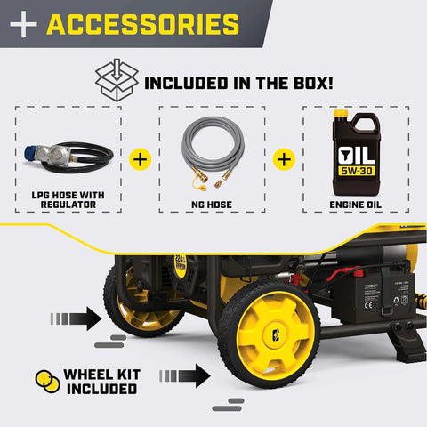 Tri Fuel 5000 Watt Electric Start Portable Generator accessories including LPG hose, NG hose, and engine oil for plug and play power.