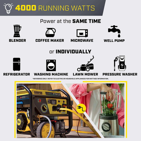 Tri Fuel 5000 Watt Electric Start Portable Generator infographic showing appliances it powers. CO Shield, runs on gas, propane, or natural gas.