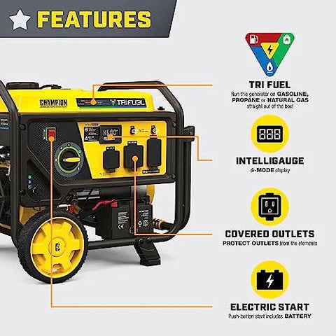 Tri Fuel 5000 Watt Electric Start Portable Generator RV Ready With CO Shield features tri-fuel system and battery included