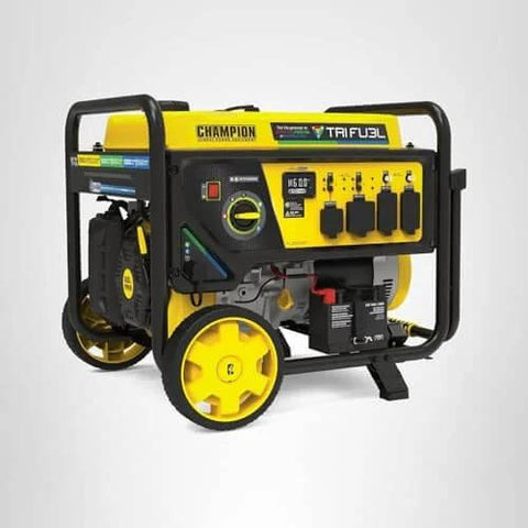 Front view of Tri Fuel 12,500-Watt Electric Start Portable Generator With CO Shield For Home Backup Power, on wheels