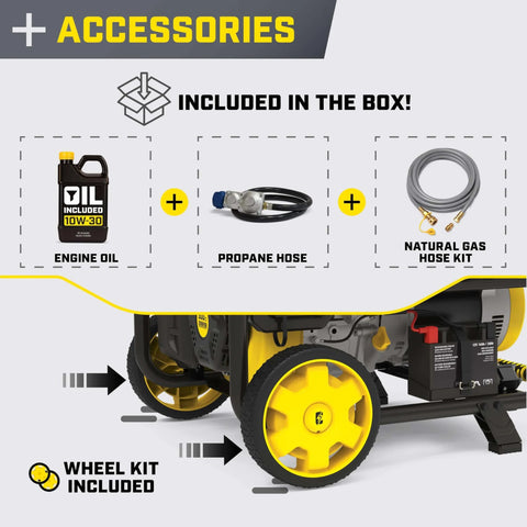 Accessories included with Tri Fuel 12,500-Watt Electric Start Portable Generator: engine oil, propane hose, natural gas hose, wheel kit.