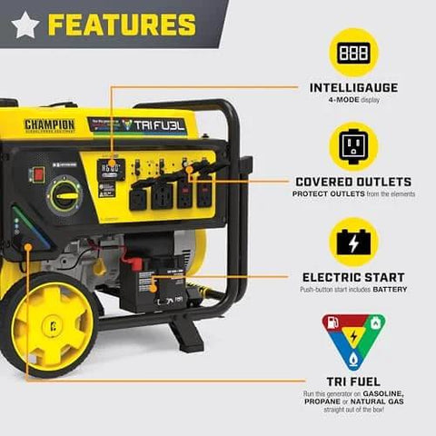 Tri Fuel 12,500-Watt Electric Start Portable Generator With CO Shield features diagram with IntelliGauge, electric start, and tri-fuel capability.