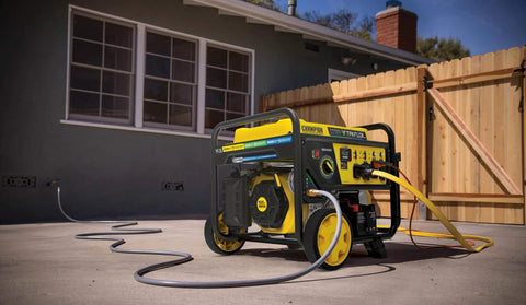 Tri Fuel 12,500-Watt Electric Start Portable Generator with CO Shield for home backup, shown connected to hoses outside a house.