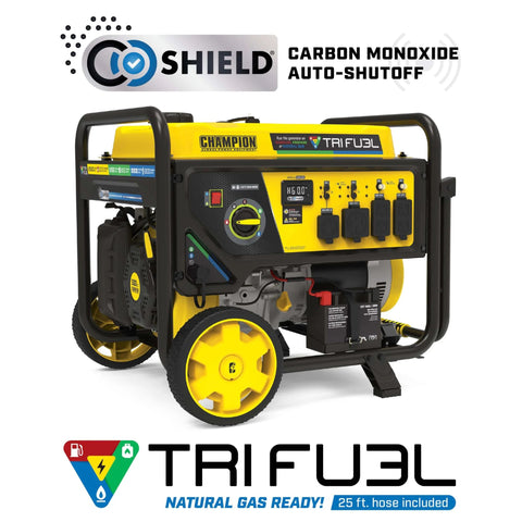 Tri Fuel 12,500-Watt Electric Start Portable Generator With CO Shield, displayed with yellow casing and control panel, on wheels.