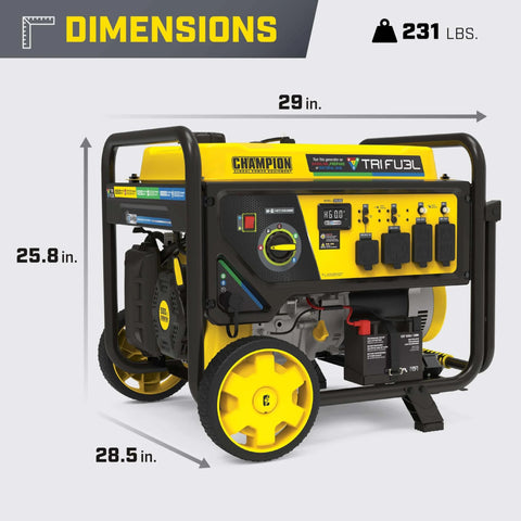Tri Fuel 12,500-Watt Electric Start Portable Generator With CO Shield For Home Backup Power, showing dimensions and weight