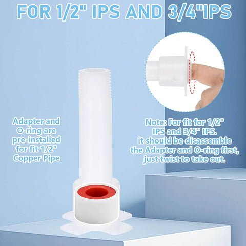 4 In 1 Tub Spout Diverter Repair Kit With Assembly Tool showing white adapter for 1/2 inch and 3/4 inch IPS pipe with hand demonstration.