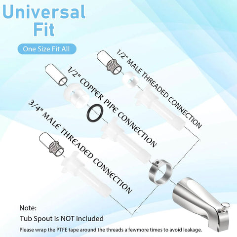 Diagram of 4 In 1 Tub Spout Diverter Repair Kit With Assembly Tool, fitting 1/2-inch copper, IPS, and 3/4-inch IPS, includes installation parts.