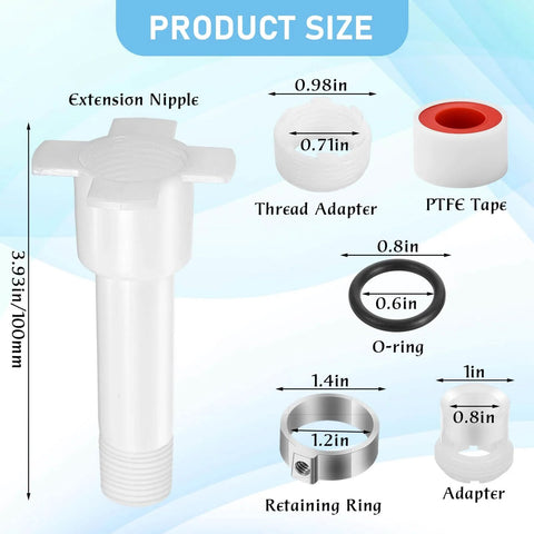 4 In 1 Tub Spout Diverter Repair Kit With Assembly Tool components, including extension nipple, PTFE tape, adapter, and retaining ring.