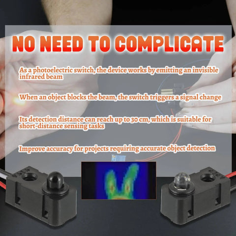 Two Pack Infrared Break Beam Distance Sensor With 5mm LED Indicators in use, illustrating photoelectric switch features and detection setup.