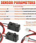 Specifications of Two Pack Infrared Break Beam Distance Sensor with 5mm LED Indicators, including detection distance and working voltage.