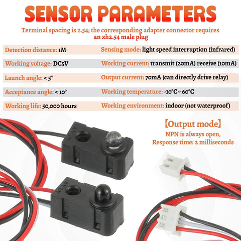 Specifications of Two Pack Infrared Break Beam Distance Sensor with 5mm LED Indicators, including detection distance and working voltage.