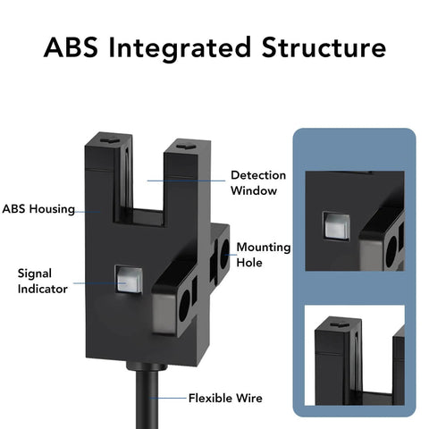 U Type Photoelectric Switch High Accuracy Groove Sensor for Industrial Automation DC5 to 24V, ABS body, signal indicator, detection window.