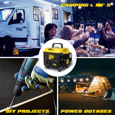 Gas Powered Portable Generator With 1200W Peak And 900W Running Ultralight Home Backup Power for 120V Outlet shown with camping, DIY projects, and power outages.