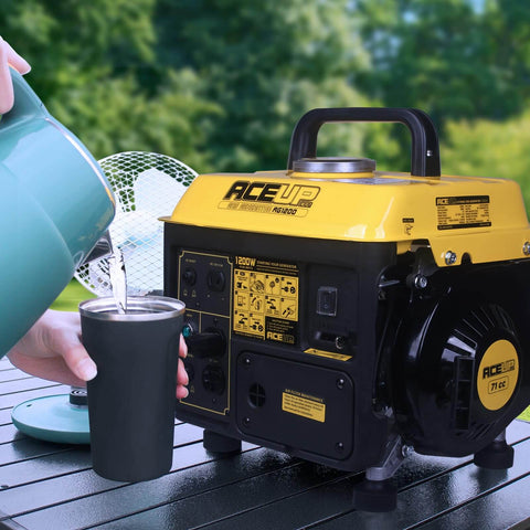 Person pouring liquid beside Gas Powered Portable Generator With 1200W Peak And 900W Running Ultralight Home Backup Power For 120V Outlet EPA And CARB Compliant 71cc 2 Stroke Engine Rugged Durable Dual Outlet Design outdoors.