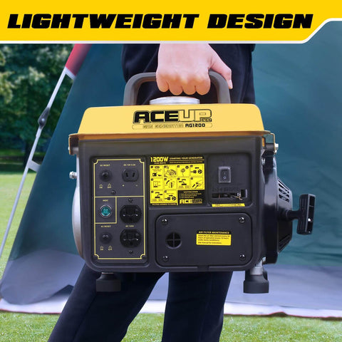 Person holding Gas Powered Portable Generator With 1200W Peak And 900W Running Ultralight Home Backup Power For 120V Outlet.