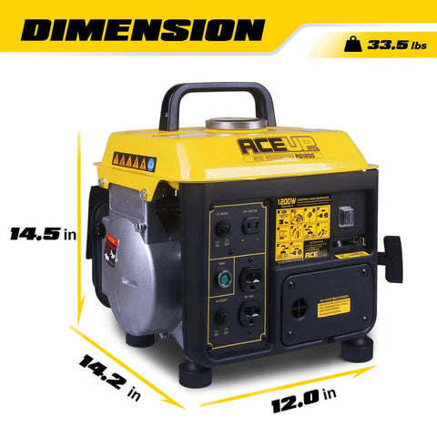 Gas Powered Portable Generator With 1200W Peak And 900W Running Ultralight Home Backup Power dimensions and weight shown