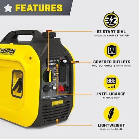 Ultralight 2500-Watt Portable Inverter Generator With Quiet Technology And CO Shield, features diagram