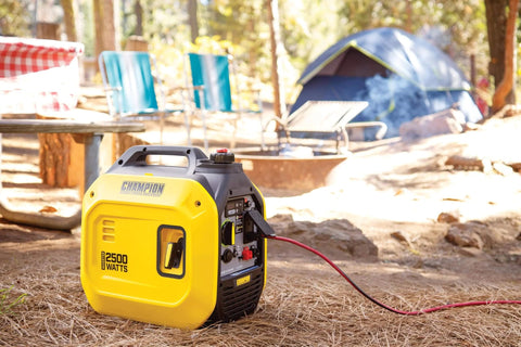 Ultralight 2500-Watt Portable Inverter Generator With Quiet Technology And CO Shield for camping, shown in campsite setup