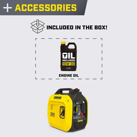 Ultralight 2500-Watt Portable Inverter Generator with included 10W-30 engine oil accessory, yellow and black design, under 40 lbs, 53 dBA