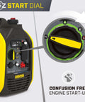 Ultralight 2500-Watt Portable Inverter Generator with Quiet Technology and CO Shield features easy start dial.