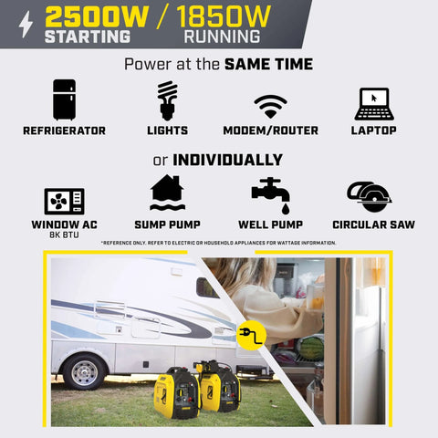 2500W inverter powers appliances for camping, shows generator setup next to RV, Ultralight 2500-Watt Portable Inverter Generator With Quiet Technology And CO Shield For Camping, Tailgating, And Home Backup, Under 40 Lbs, 53 dBA At 23 Feet, 11.5 Hour Run Time, Great Power On The Go.