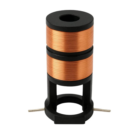 Automotive slip ring coil assembly with copper windings on a black plastic mount; front view with two leads