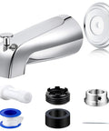 Universal Tub Spout With Diverter For 1/2 In Copper, 1/2 In IPS, And 3/4 In IPS Pipes, shown with adapters, hex wrench, and gasket in chrome