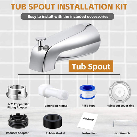 Universal Tub Spout With Diverter For 1/2 In Copper, 1/2 In IPS, And 3/4 In IPS Pipes, Chrome Bath Spout Replacement Kit