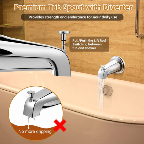 Universal Tub Spout With Diverter For 1/2 In Copper, 1/2 In IPS, And 3/4 In IPS Pipes, Chrome Bath Spout with water flow, close-up.