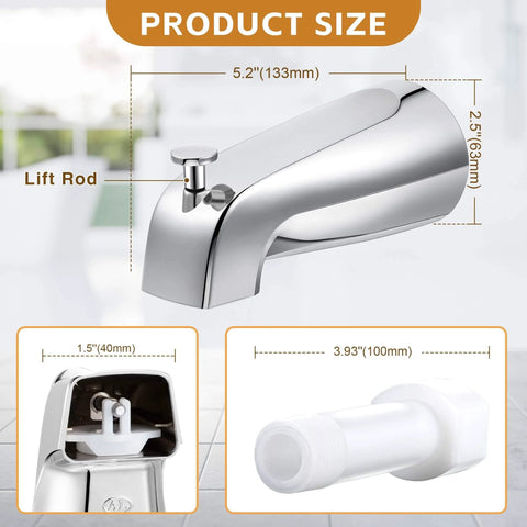 Universal Tub Spout With Diverter For 1/2 In Copper, 1/2 In IPS, And 3/4 In IPS Pipes, Chrome Bath Spout Replacement with size details