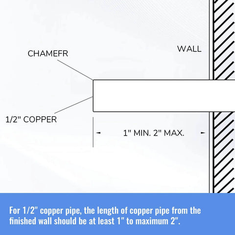 Diagram showing installation for 1/2" copper pipe with minimum and maximum distance for Four In One Tub Spout Adapter Kit For Slip Fit Bathtub Faucets.