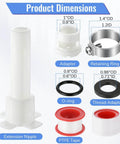 Four In One Tub Spout Adapter Kit components with dimensions, showcasing extension nipple, adapter, retaining ring, O-ring, PTFE tape.
