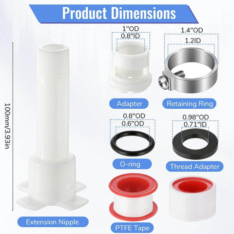 Four In One Tub Spout Adapter Kit components with dimensions, showcasing extension nipple, adapter, retaining ring, O-ring, PTFE tape.