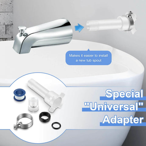 Four In One Tub Spout Adapter Kit With Slip Fit components displayed by bathtub