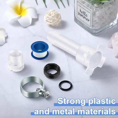 Four In One Tub Spout Adapter Kit With Slip Fit, Universal Fit For One Half Inch Copper Pipe, One Half Inch IPS And Three Quarter Inch IPS, Tub Spout Diverter Repair Kit With Assembly Tool For Quick No Fuss Install, displayed with component parts