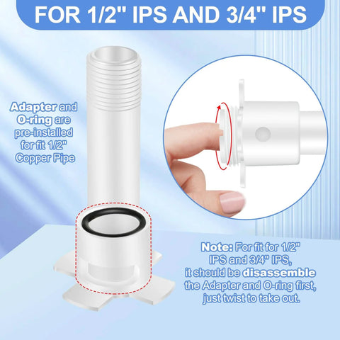 Close-up of Four In One Tub Spout Adapter Kit With Slip Fit showing adapter and O-ring for 1/2 copper and threaded pipes.