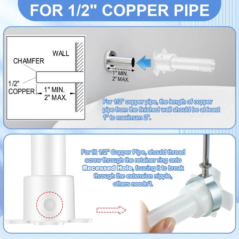 Diagram for Four In One Tub Spout Adapter Kit installation on 1/2 inch copper pipe with slip fit option