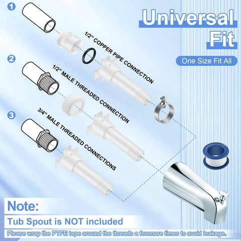 Diagram showing the Four In One Tub Spout Adapter Kit With Slip Fit, Universal Fit For 1/2" Copper Pipe, 1/2" IPS, 3/4" IPS connections.