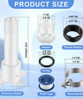 Four In One Tub Spout Adapter Kit With Slip Fit showing components and measurements, including adapter, thread adapter, O-ring, PTFE tape, and retaining ring