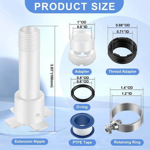 Four In One Tub Spout Adapter Kit With Slip Fit showing components and measurements, including adapter, thread adapter, O-ring, PTFE tape, and retaining ring