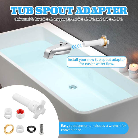 Four In One Tub Spout Adapter Kit For Slip Fit One Half Inch Copper Pipe And One Half Inch IPS And Three Quarter Inch IPS With Diverter Repair Kit And Assembly Tool, includes O Rings and Teflon Tape shown installed in bathtub