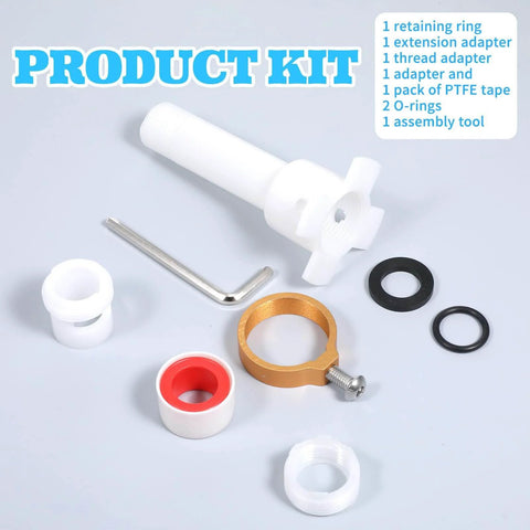 Four In One Tub Spout Adapter Kit For Slip Fit One Half Inch Copper Pipe And One Half Inch IPS And Three Quarter Inch IPS With Diverter Repair Kit And Assembly Tool, includes O rings and Teflon tape for DIY replacement components displayed.