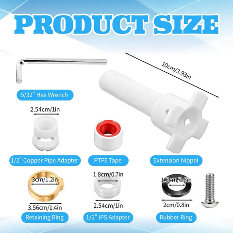 Product size components of Four In One Tub Spout Adapter Kit For Slip Fit One Half Inch Copper Pipe And One Half Inch IPS And Three Quarter Inch IPS.