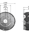 FM21K-150-16U2-L-N Left 150mm Mecanum Wheel technical drawing showing dimensions and profile for mobile robots.
