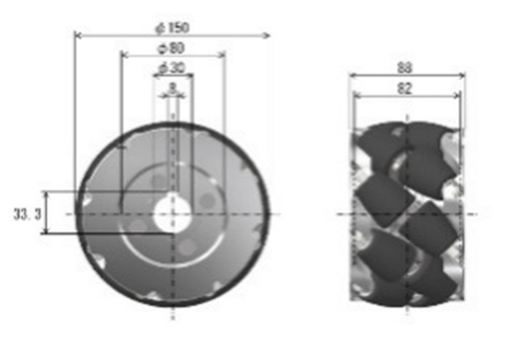 FM21K-150-16U2-L-N Left 150mm Mecanum Wheel technical drawing showing dimensions and profile for mobile robots.