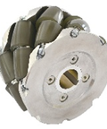 FM21K-150-16U2-L-N Left 150mm Mecanum Wheel with poly rollers and aluminum frame, ideal for AGV and AMR use.