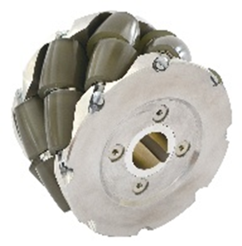 FM21K-150-16U2-L-N Left 150mm Mecanum Wheel with poly rollers and aluminum frame, ideal for AGV and AMR use.