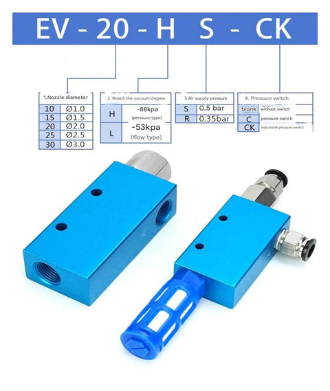 Powerful Negative Pressure Vacuum Ejector with Suction Cup and Adjustable Control Valve, 8mm Port, for material handling and pick-and-place.